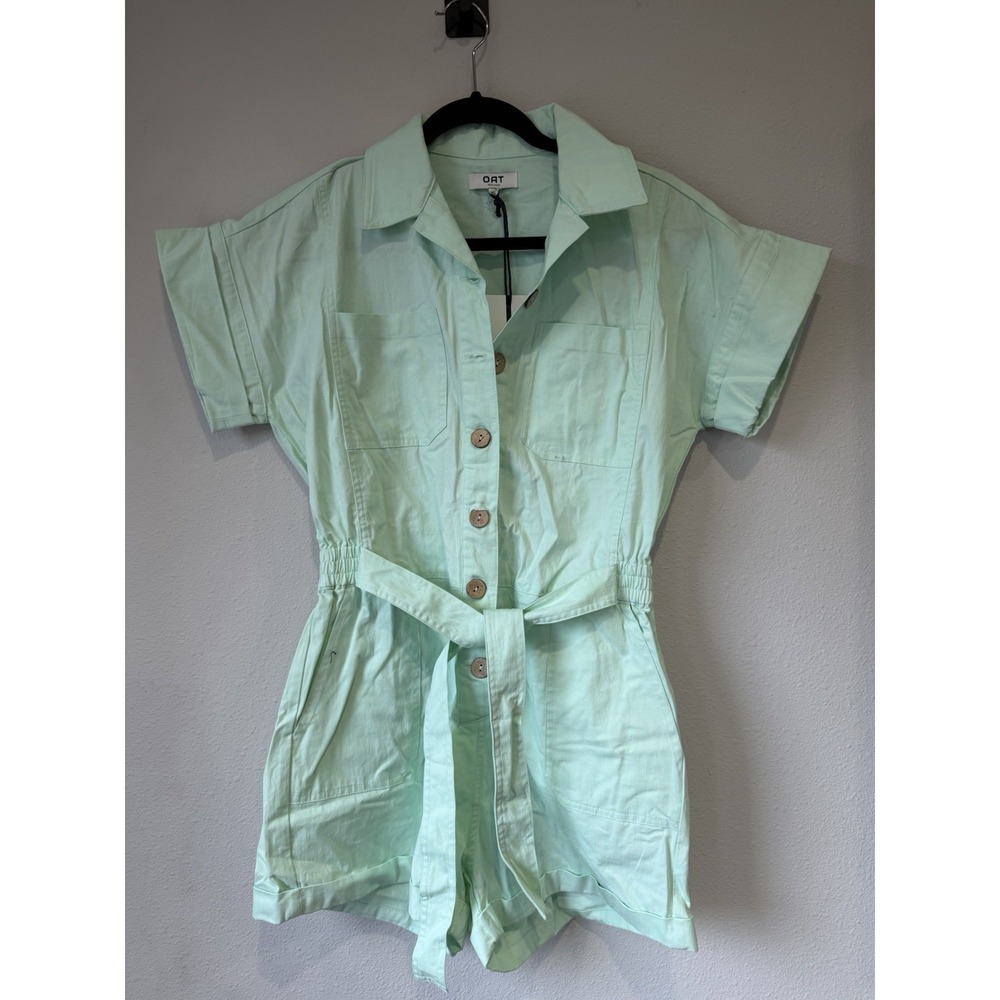 Oat New York Romper One Piece Short Sleeve Shorts Belt‎  Green Size Small